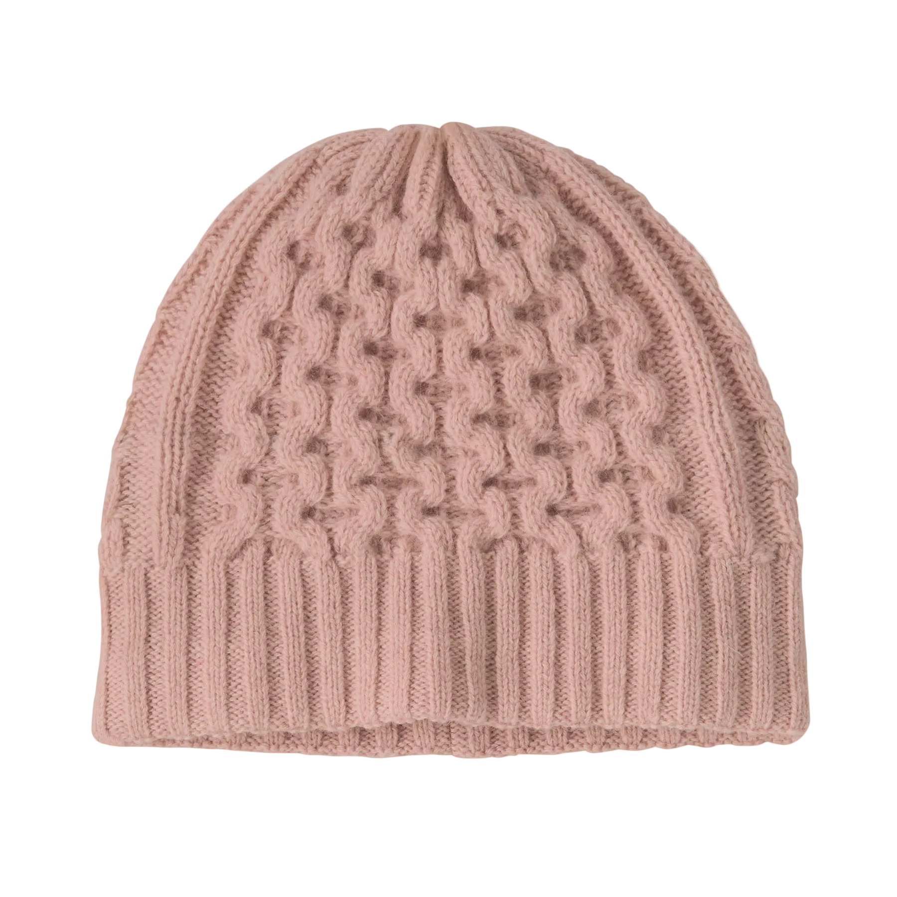 Front view of a pink frost Patagonia Coastal Cable Beanie featuring a recycled wool blend cable-knit body, an interior recycled polyester fleece headband lining, and a low-profile fit.
