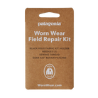 The front packaging of a Patagonia Field Repair Kit, featuring a weather-resistant 100% recycled nylon ripstop shell, organized interior pockets, heavy-duty needles, high-tenacity thread, and pressure-sensitive repair patches.