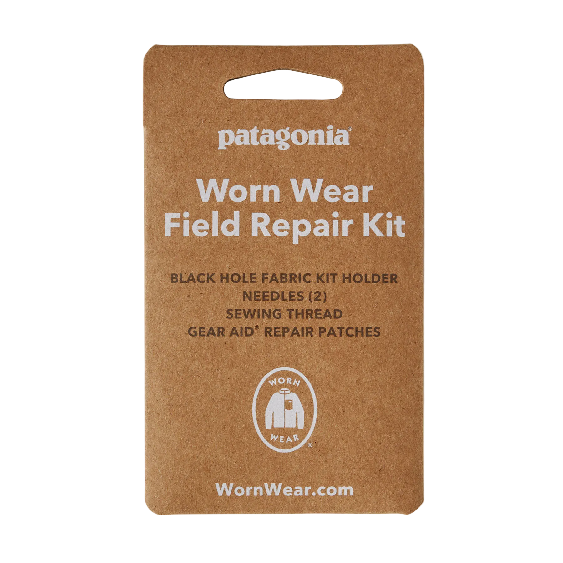 The front packaging of a Patagonia Field Repair Kit, featuring a weather-resistant 100% recycled nylon ripstop shell, organized interior pockets, heavy-duty needles, high-tenacity thread, and pressure-sensitive repair patches.