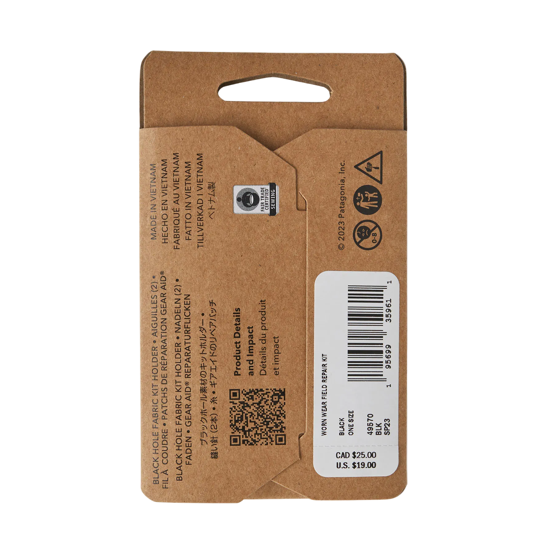 The back packaging of a Patagonia Field Repair Kit, featuring a weather-resistant 100% recycled nylon ripstop shell, organized interior pockets, heavy-duty needles, high-tenacity thread, and pressure-sensitive repair patches.