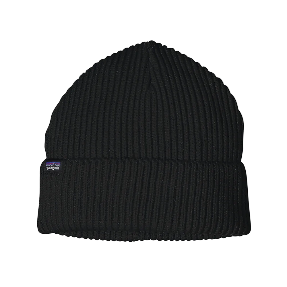 Front view of a black Patagonia Fisherman's Rolled Beanie featuring 100% recycled polyester 1x1 rib-knit construction, an adjustable roll-up cuff, and a woven logo label.