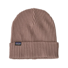 Front view of a fuzzy mauve Patagonia Fisherman's Rolled Beanie featuring 100% recycled polyester 1x1 rib-knit construction, an adjustable roll-up cuff, and a woven logo label.