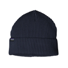 Front view of a navy blue Patagonia Fisherman's Rolled Beanie featuring 100% recycled polyester 1x1 rib-knit construction, an adjustable roll-up cuff, and a woven logo label.
