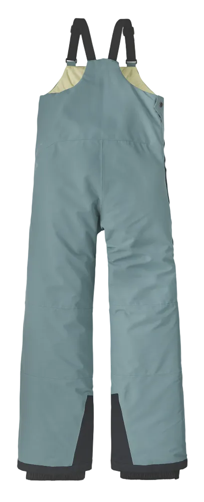 Patagonia Jr Powder Town Bib Pants showing 2-layer H2No Performance Standard shell, high-back bib construction with adjustable straps, 210D nylon scuff guards, internal boot gaiters, and zippered chest pocket.