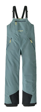 Patagonia Jr Powder Town Bib Pants showing 2-layer H2No Performance Standard shell, high-back bib construction with adjustable straps, 210D nylon scuff guards, internal boot gaiters, and zippered chest pocket.