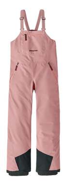 Patagonia Jr Powder Town Bib Pants showing 2-layer H2No Performance Standard shell, high-back bib construction with adjustable straps, 210D nylon scuff guards, internal boot gaiters, and zippered chest pocket.