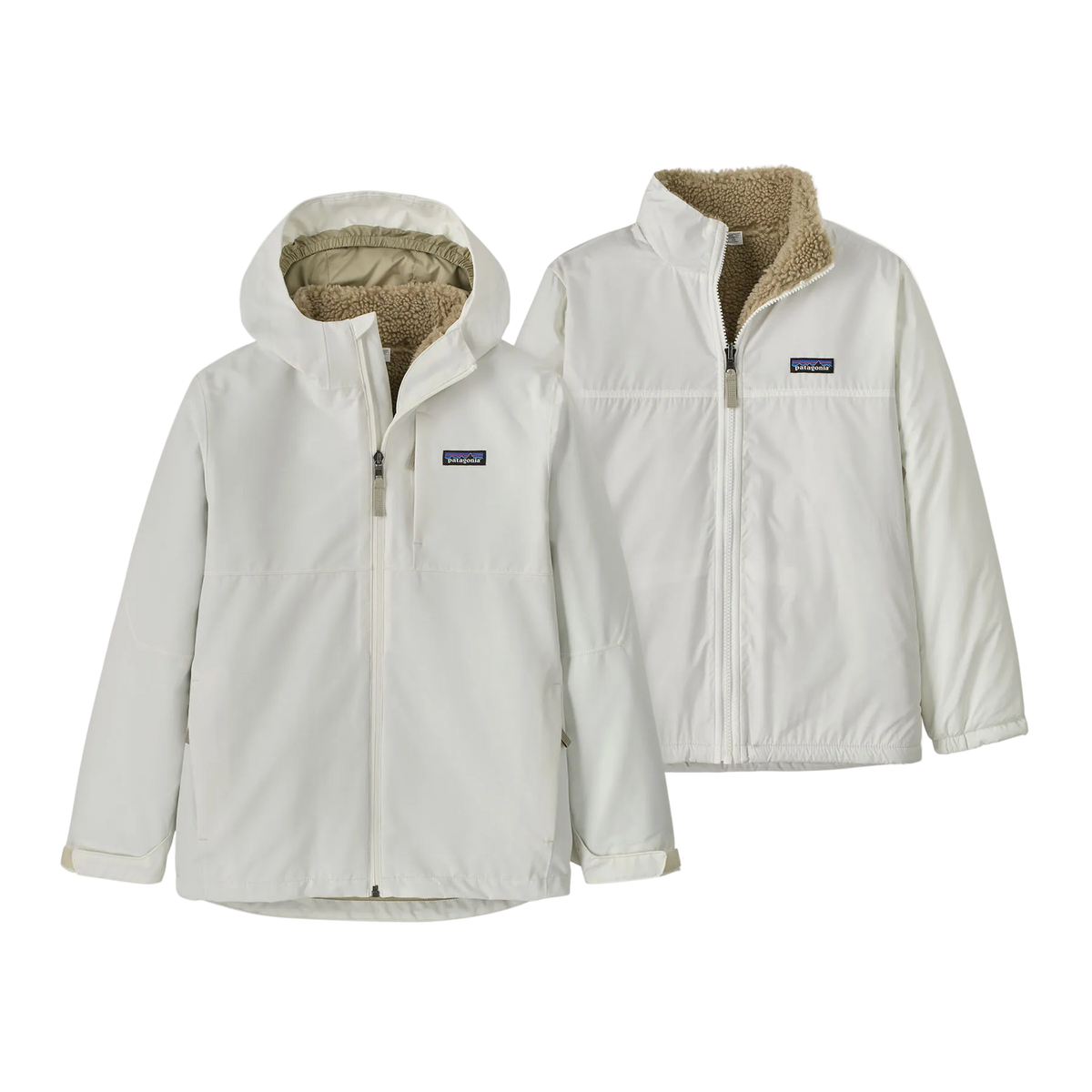 Front view of the birch white Patagonia Junior 4-in-1 Everyday Jacket showing the 2-layer H2No Performance Standard waterproof outer shell connected to a removable, reversible zip-out liner, featuring a three-panel hood with elasticized internal gusset, full-length waterproof center-front zipper with internal storm flap, zippered chest and handwarmer pockets, and adjustable cuff tabs.