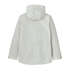 Rear view of the birch white Patagonia Junior 4-in-1 Everyday Jacket showing the 2-layer H2No Performance Standard waterproof outer shell connected to a removable, reversible zip-out liner, featuring a three-panel hood with elasticized internal gusset, full-length waterproof center-front zipper with internal storm flap, zippered chest and handwarmer pockets, and adjustable cuff tabs.