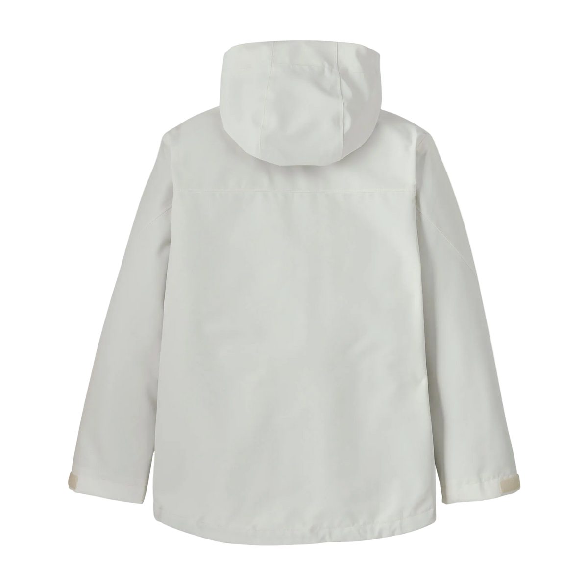 Rear view of the birch white Patagonia Junior 4-in-1 Everyday Jacket showing the 2-layer H2No Performance Standard waterproof outer shell connected to a removable, reversible zip-out liner, featuring a three-panel hood with elasticized internal gusset, full-length waterproof center-front zipper with internal storm flap, zippered chest and handwarmer pockets, and adjustable cuff tabs.