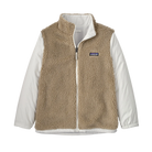 Front view of the birch white Patagonia Junior 4-in-1 Everyday Jacket showing the 2-layer H2No Performance Standard waterproof outer shell connected to a removable, reversible zip-out liner, featuring a three-panel hood with elasticized internal gusset, full-length waterproof center-front zipper with internal storm flap, zippered chest and handwarmer pockets, and adjustable cuff tabs.
