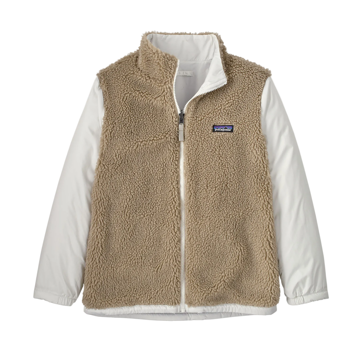 Front view of the birch white Patagonia Junior 4-in-1 Everyday Jacket showing the 2-layer H2No Performance Standard waterproof outer shell connected to a removable, reversible zip-out liner, featuring a three-panel hood with elasticized internal gusset, full-length waterproof center-front zipper with internal storm flap, zippered chest and handwarmer pockets, and adjustable cuff tabs.