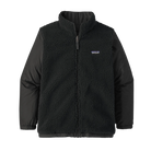 Front view of the black Patagonia Junior 4-in-1 Everyday Jacket showing the 2-layer H2No Performance Standard waterproof outer shell connected to a removable, reversible zip-out liner, featuring a three-panel hood with elasticized internal gusset, full-length waterproof center-front zipper with internal storm flap, zippered chest and handwarmer pockets, and adjustable cuff tabs.