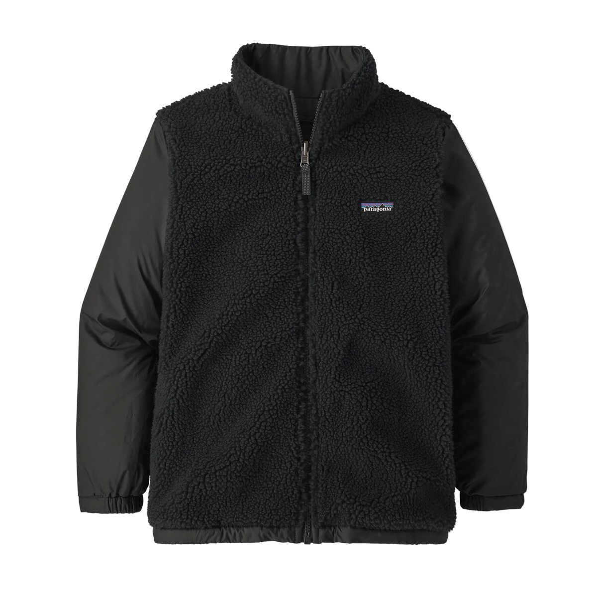 Front view of the black Patagonia Junior 4-in-1 Everyday Jacket showing the 2-layer H2No Performance Standard waterproof outer shell connected to a removable, reversible zip-out liner, featuring a three-panel hood with elasticized internal gusset, full-length waterproof center-front zipper with internal storm flap, zippered chest and handwarmer pockets, and adjustable cuff tabs.