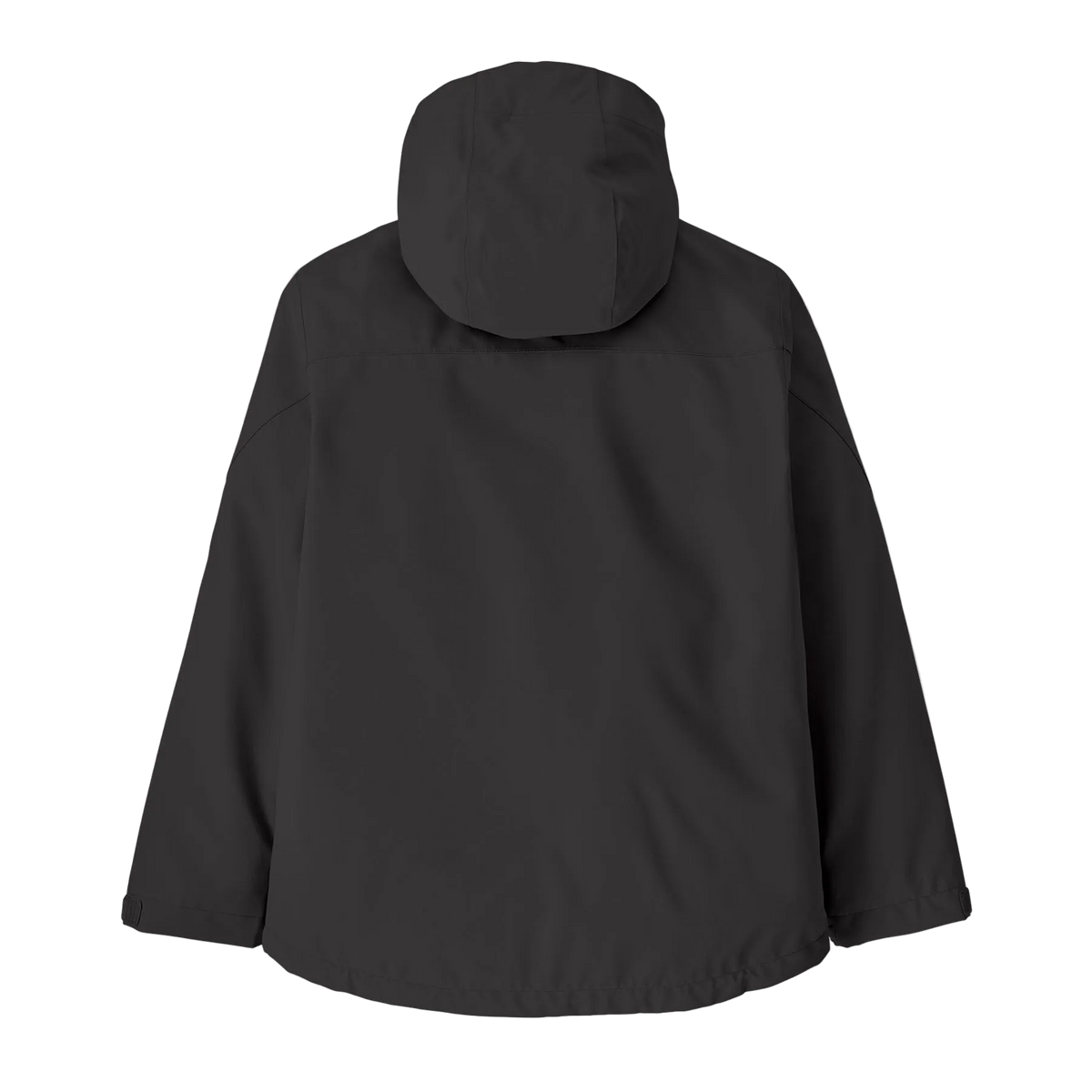 Rear view of the black Patagonia Junior 4-in-1 Everyday Jacket showing the 2-layer H2No Performance Standard waterproof outer shell connected to a removable, reversible zip-out liner, featuring a three-panel hood with elasticized internal gusset, full-length waterproof center-front zipper with internal storm flap, zippered chest and handwarmer pockets, and adjustable cuff tabs.