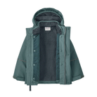 Front view of the blue sage Patagonia Junior All Seasons 3-in-1 Jacket showing the 2-layer H2No Performance Standard waterproof outer shell integrated with a zip-out 100g Thermogreen insulated liner, featuring a three-panel hood with elasticized stay-put gusset, a full-length center-front zipper with internal storm flap, zippered handwarmer pockets, a sleeve pass pocket, adjustable cuffs with Grow-Fit extendable sleeves, and an embedded RECCO reflector.