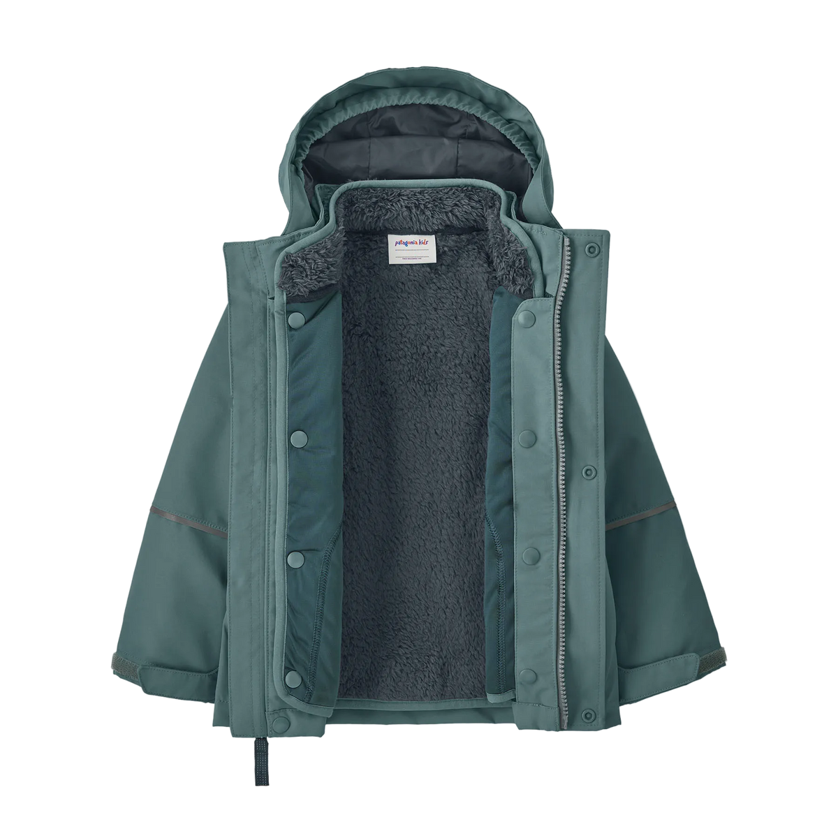 Front view of the blue sage Patagonia Junior All Seasons 3-in-1 Jacket showing the 2-layer H2No Performance Standard waterproof outer shell integrated with a zip-out 100g Thermogreen insulated liner, featuring a three-panel hood with elasticized stay-put gusset, a full-length center-front zipper with internal storm flap, zippered handwarmer pockets, a sleeve pass pocket, adjustable cuffs with Grow-Fit extendable sleeves, and an embedded RECCO reflector.