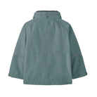 Rear view of the blue sage Patagonia Junior All Seasons 3-in-1 Jacket showing the 2-layer H2No Performance Standard waterproof outer shell integrated with a zip-out 100g Thermogreen insulated liner, featuring a three-panel hood with elasticized stay-put gusset, a full-length center-front zipper with internal storm flap, zippered handwarmer pockets, a sleeve pass pocket, adjustable cuffs with Grow-Fit extendable sleeves, and an embedded RECCO reflector.