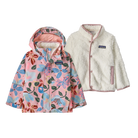 Front view of the hopes and blooms Patagonia Junior All Seasons 3-in-1 Jacket showing the 2-layer H2No Performance Standard waterproof outer shell integrated with a zip-out 100g Thermogreen insulated liner, featuring a three-panel hood with elasticized stay-put gusset, a full-length center-front zipper with internal storm flap, zippered handwarmer pockets, a sleeve pass pocket, adjustable cuffs with Grow-Fit extendable sleeves, and an embedded RECCO reflector.