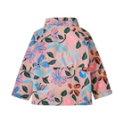Rear view of the hopes and blooms Patagonia Junior All Seasons 3-in-1 Jacket showing the 2-layer H2No Performance Standard waterproof outer shell integrated with a zip-out 100g Thermogreen insulated liner, featuring a three-panel hood with elasticized stay-put gusset, a full-length center-front zipper with internal storm flap, zippered handwarmer pockets, a sleeve pass pocket, adjustable cuffs with Grow-Fit extendable sleeves, and an embedded RECCO reflector.