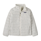 Front view of the Patagonia Junior Down Sweater featuring a NetPlus 100% postconsumer recycled nylon ripstop shell, narrow quilt-pattern baffling, 700-fill-power 100% Recycled Down insulation, a full-length center-front zipper with wind flap and chin guard, elasticized sleeve cuffs, and dual zippered handwarmer pockets with reflective webbing pulls.