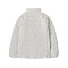 Rear view of the Patagonia Junior Down Sweater featuring a NetPlus 100% postconsumer recycled nylon ripstop shell, narrow quilt-pattern baffling, 700-fill-power 100% Recycled Down insulation, a full-length center-front zipper with wind flap and chin guard, elasticized sleeve cuffs, and dual zippered handwarmer pockets with reflective webbing pulls.