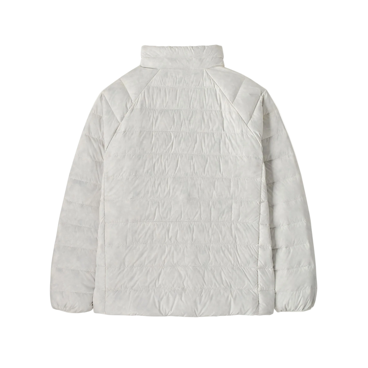 Rear view of the Patagonia Junior Down Sweater featuring a NetPlus 100% postconsumer recycled nylon ripstop shell, narrow quilt-pattern baffling, 700-fill-power 100% Recycled Down insulation, a full-length center-front zipper with wind flap and chin guard, elasticized sleeve cuffs, and dual zippered handwarmer pockets with reflective webbing pulls.