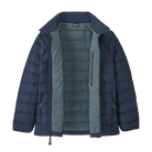 Front view of the Patagonia Junior Down Sweater featuring a NetPlus 100% postconsumer recycled nylon ripstop shell, narrow quilt-pattern baffling, 700-fill-power 100% Recycled Down insulation, a full-length center-front zipper with wind flap and chin guard, elasticized sleeve cuffs, and dual zippered handwarmer pockets with reflective webbing pulls.