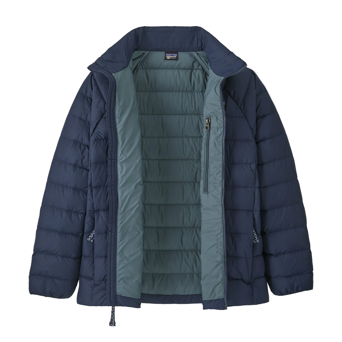 Front view of the Patagonia Junior Down Sweater featuring a NetPlus 100% postconsumer recycled nylon ripstop shell, narrow quilt-pattern baffling, 700-fill-power 100% Recycled Down insulation, a full-length center-front zipper with wind flap and chin guard, elasticized sleeve cuffs, and dual zippered handwarmer pockets with reflective webbing pulls.