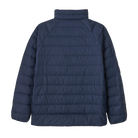 Rear view of the Patagonia Junior Down Sweater featuring a NetPlus 100% postconsumer recycled nylon ripstop shell, narrow quilt-pattern baffling, 700-fill-power 100% Recycled Down insulation, a full-length center-front zipper with wind flap and chin guard, elasticized sleeve cuffs, and dual zippered handwarmer pockets with reflective webbing pulls.