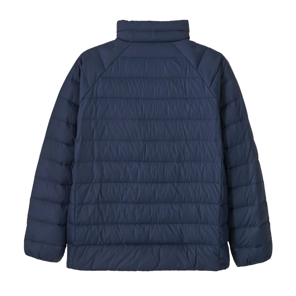 Rear view of the Patagonia Junior Down Sweater featuring a NetPlus 100% postconsumer recycled nylon ripstop shell, narrow quilt-pattern baffling, 700-fill-power 100% Recycled Down insulation, a full-length center-front zipper with wind flap and chin guard, elasticized sleeve cuffs, and dual zippered handwarmer pockets with reflective webbing pulls.