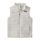 Front view of the Patagonia Junior Down Sweater Vest featuring a NetPlus 100% postconsumer recycled nylon ripstop shell, narrow quilt-pattern baffling, 700-fill-power 100% Recycled Down insulation, a full-length center-front zipper with internal wind flap and chin guard, spandex-bound armholes, elasticized hem, and dual zippered handwarmer pockets with reflective pulls.