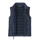 Front view of the Patagonia Junior Down Sweater Vest featuring a NetPlus 100% postconsumer recycled nylon ripstop shell, narrow quilt-pattern baffling, 700-fill-power 100% Recycled Down insulation, a full-length center-front zipper with internal wind flap and chin guard, spandex-bound armholes, elasticized hem, and dual zippered handwarmer pockets with reflective pulls.