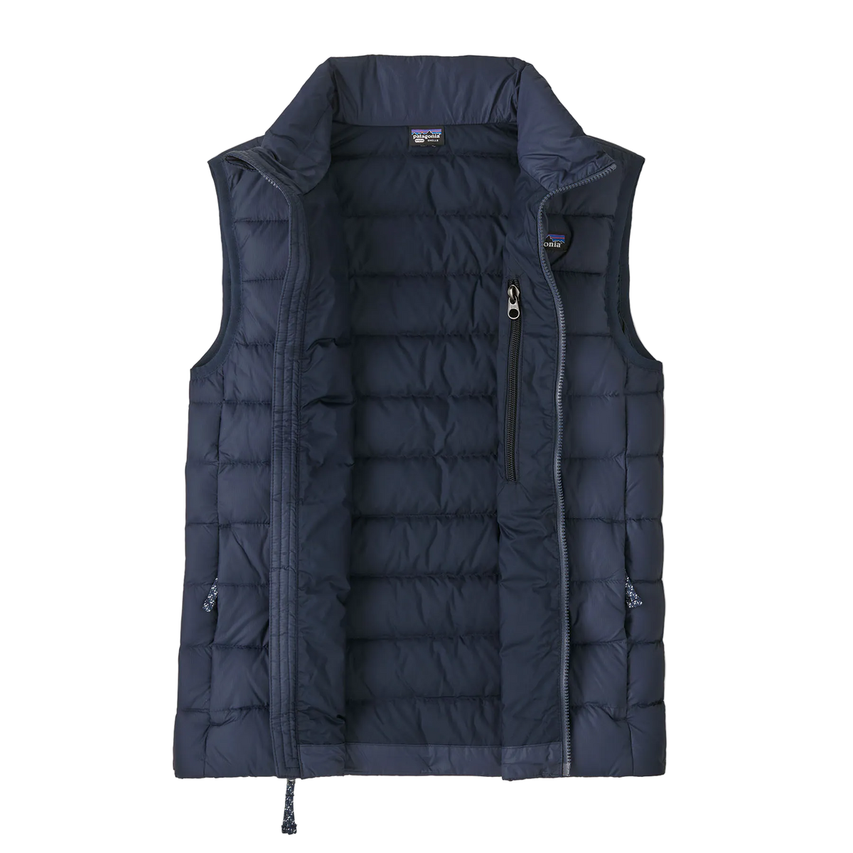 Front view of the Patagonia Junior Down Sweater Vest featuring a NetPlus 100% postconsumer recycled nylon ripstop shell, narrow quilt-pattern baffling, 700-fill-power 100% Recycled Down insulation, a full-length center-front zipper with internal wind flap and chin guard, spandex-bound armholes, elasticized hem, and dual zippered handwarmer pockets with reflective pulls.
