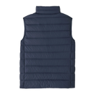 Rear view of the Patagonia Junior Down Sweater Vest featuring a NetPlus 100% postconsumer recycled nylon ripstop shell, narrow quilt-pattern baffling, 700-fill-power 100% Recycled Down insulation, a full-length center-front zipper with internal wind flap and chin guard, spandex-bound armholes, elasticized hem, and dual zippered handwarmer pockets with reflective pulls.