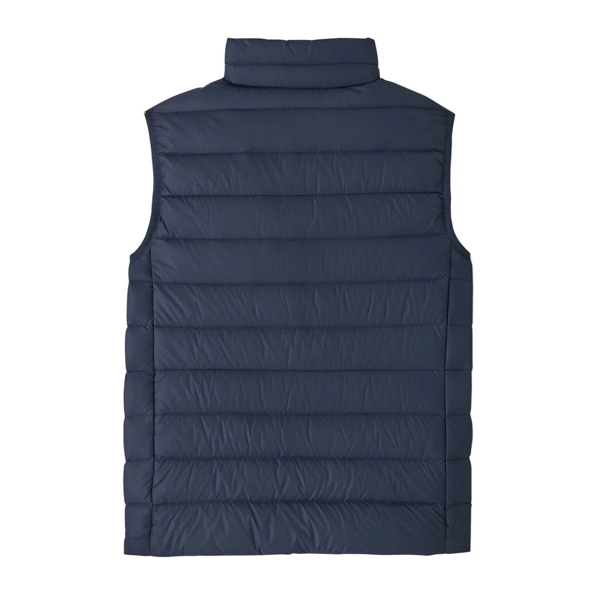 Rear view of the Patagonia Junior Down Sweater Vest featuring a NetPlus 100% postconsumer recycled nylon ripstop shell, narrow quilt-pattern baffling, 700-fill-power 100% Recycled Down insulation, a full-length center-front zipper with internal wind flap and chin guard, spandex-bound armholes, elasticized hem, and dual zippered handwarmer pockets with reflective pulls.