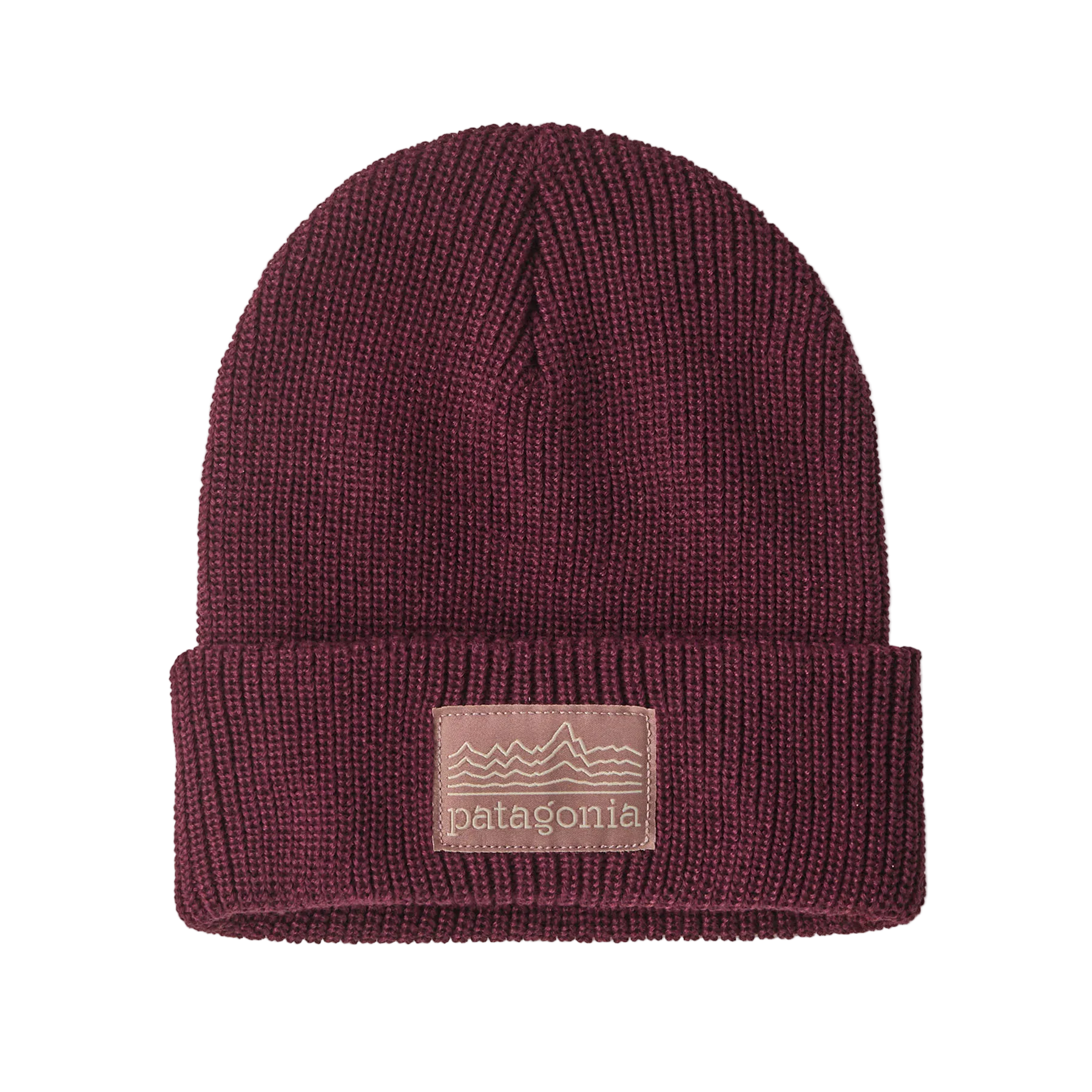 Front view of a berry fig Patagonia Junior Logo Beanie featuring a fine-gauge recycled polyester knit, a fold-over rib-knit cuff, and an embroidered front logo patch.