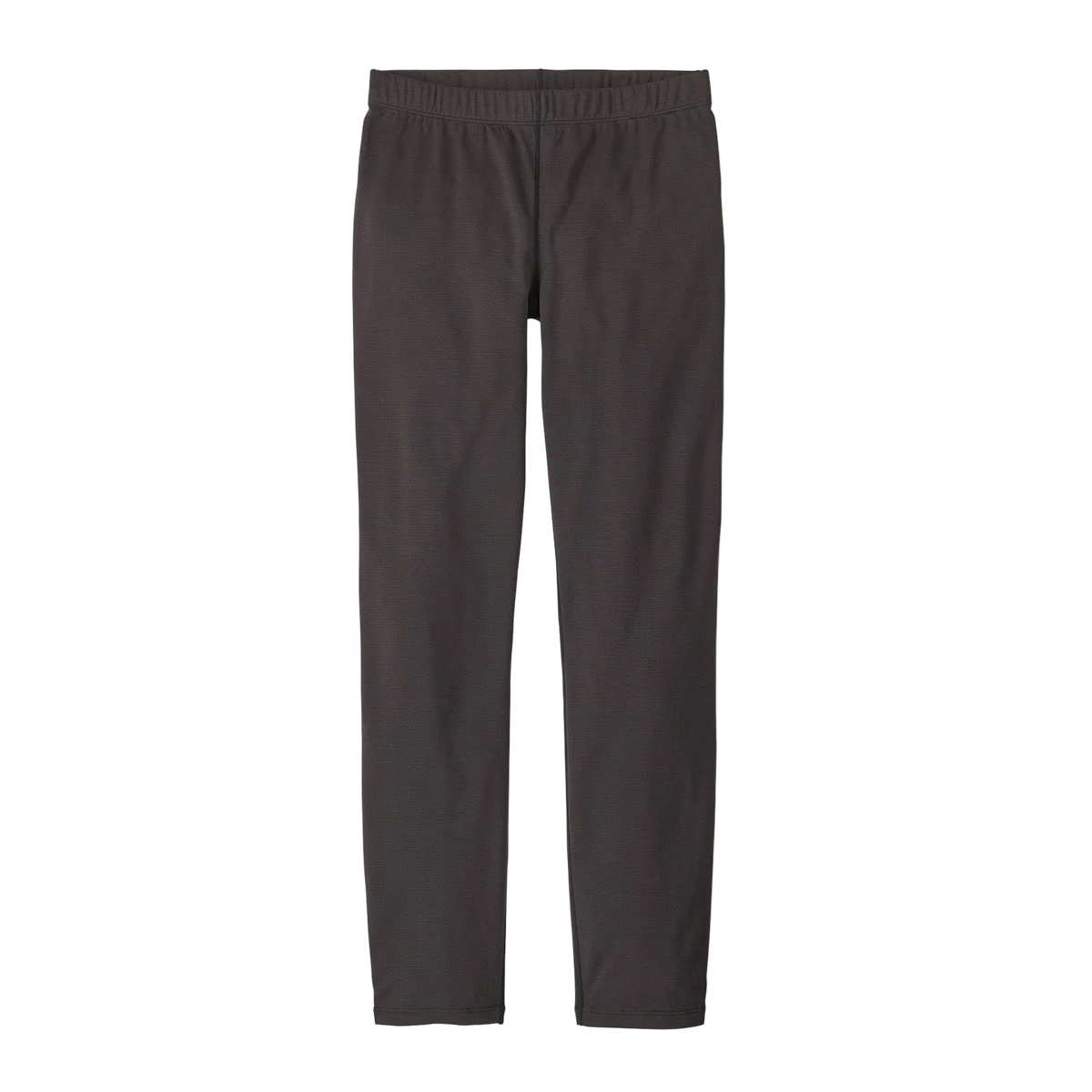Front view of the ink black Patagonia Junior Capilene Midweight Baselayer Bottoms featuring 100% recycled grid-fleece fabric, a soft brushed elastic waistband, a gusseted crotch, flatlock seam construction, and low-profile leg cuffs.