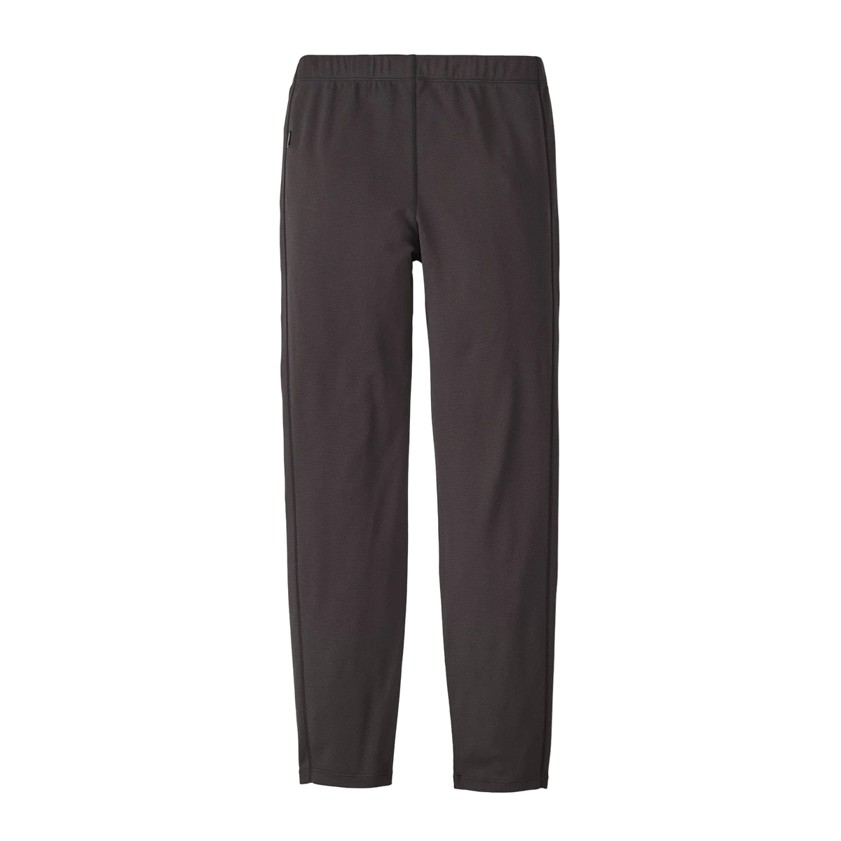 Rear view of the ink black Patagonia Junior Capilene Midweight Baselayer Bottoms featuring 100% recycled grid-fleece fabric, a soft brushed elastic waistband, a gusseted crotch, flatlock seam construction, and low-profile leg cuffs.