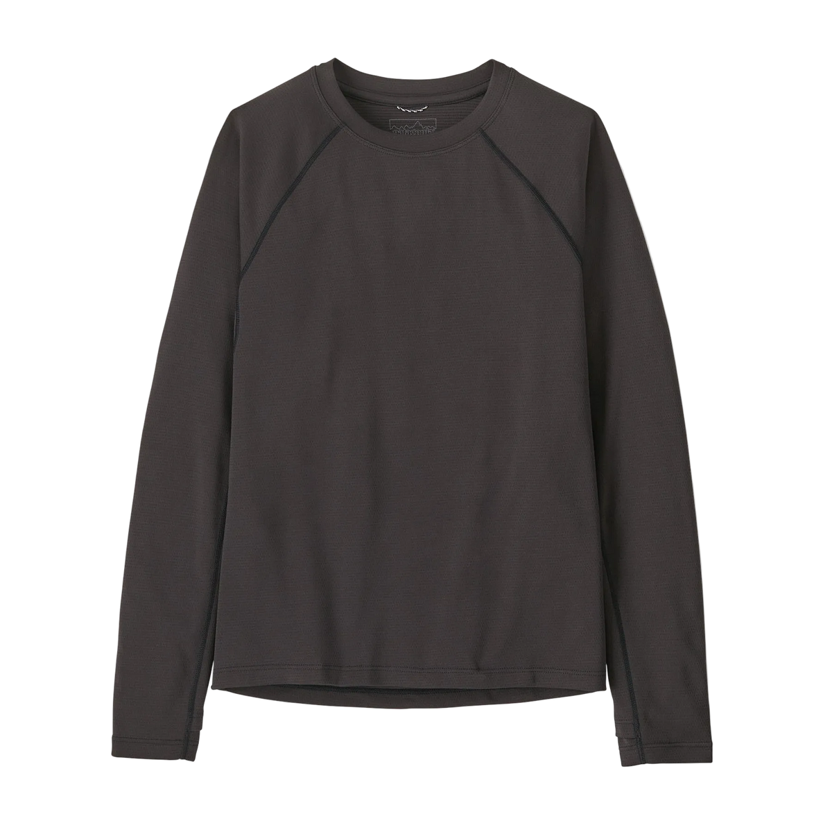 Front view of the ink black Patagonia Junior Capilene Midweight Crew featuring 100% recycled grid-fleece fabric, raglan sleeves, underarm gussets, internal neck taping, flatlock seam construction, elastic thumb loops, and a drop-tail hem.