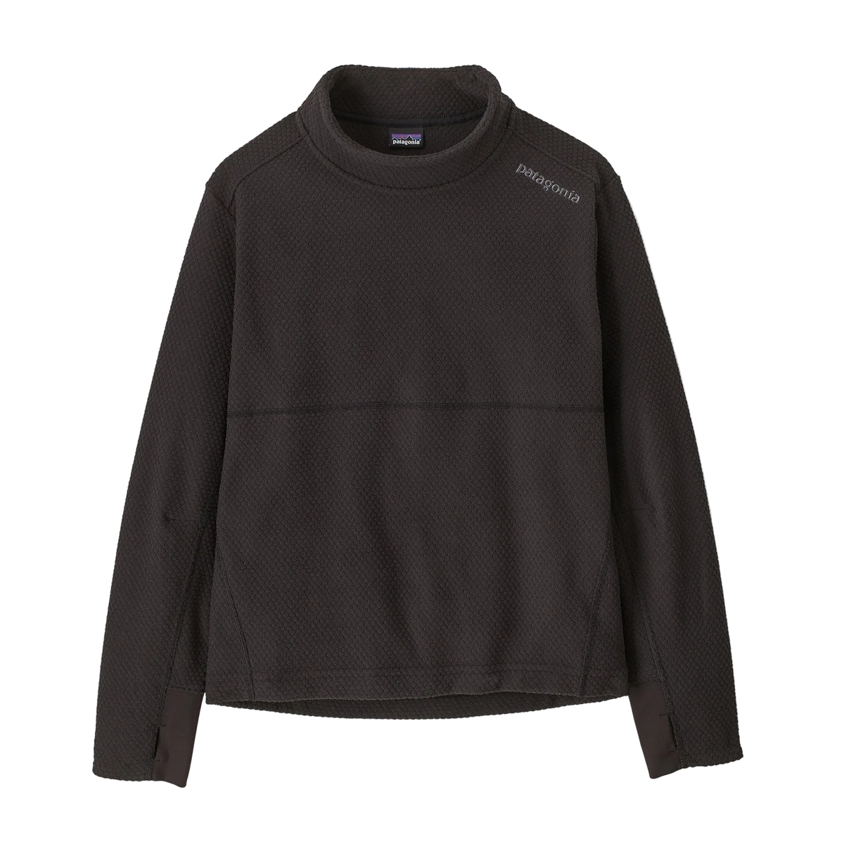 Front view of the Patagonia Junior Midweight Layering Top featuring pebbled-texture recycled fleece fabric, raglan sleeves, flatlock seam construction, underarm gussets, elastic thumb loops, and a drop-tail hem.