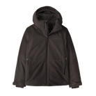 Front view of the black Patagonia Junior Powder Town Jacket featuring a 2-layer H2No Performance Standard shell, 150g body and 100g sleeve Thermogreen 100% recycled polyester insulation, a helmet-compatible three-panel hood with elasticized stay-put gusset, a waterproof full-length center-front zipper with internal storm flap, an integrated powder skirt, zippered handwarmer pockets, a sleeve pass pocket, and Grow-Fit extendable sleeve cuffs.