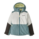 Front view of the blue sage Patagonia Junior Powder Town Jacket featuring a 2-layer H2No Performance Standard shell, 150g body and 100g sleeve Thermogreen 100% recycled polyester insulation, a helmet-compatible three-panel hood with elasticized stay-put gusset, a waterproof full-length center-front zipper with internal storm flap, an integrated powder skirt, zippered handwarmer pockets, a sleeve pass pocket, and Grow-Fit extendable sleeve cuffs.