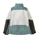 Rear view of the blue sage Patagonia Junior Powder Town Jacket featuring a 2-layer H2No Performance Standard shell, 150g body and 100g sleeve Thermogreen 100% recycled polyester insulation, a helmet-compatible three-panel hood with elasticized stay-put gusset, a waterproof full-length center-front zipper with internal storm flap, an integrated powder skirt, zippered handwarmer pockets, a sleeve pass pocket, and Grow-Fit extendable sleeve cuffs.