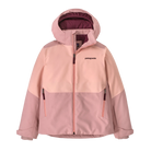 Front view of the fuzzy mauve Patagonia Junior Powder Town Jacket featuring a 2-layer H2No Performance Standard shell, 150g body and 100g sleeve Thermogreen 100% recycled polyester insulation, a helmet-compatible three-panel hood with elasticized stay-put gusset, a waterproof full-length center-front zipper with internal storm flap, an integrated powder skirt, zippered handwarmer pockets, a sleeve pass pocket, and Grow-Fit extendable sleeve cuffs.