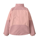 Rear view of the fuzzy mauve Patagonia Junior Powder Town Jacket featuring a 2-layer H2No Performance Standard shell, 150g body and 100g sleeve Thermogreen 100% recycled polyester insulation, a helmet-compatible three-panel hood with elasticized stay-put gusset, a waterproof full-length center-front zipper with internal storm flap, an integrated powder skirt, zippered handwarmer pockets, a sleeve pass pocket, and Grow-Fit extendable sleeve cuffs.