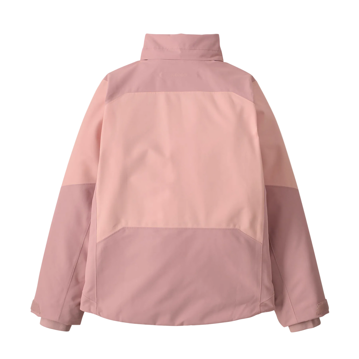 Rear view of the fuzzy mauve Patagonia Junior Powder Town Jacket featuring a 2-layer H2No Performance Standard shell, 150g body and 100g sleeve Thermogreen 100% recycled polyester insulation, a helmet-compatible three-panel hood with elasticized stay-put gusset, a waterproof full-length center-front zipper with internal storm flap, an integrated powder skirt, zippered handwarmer pockets, a sleeve pass pocket, and Grow-Fit extendable sleeve cuffs.