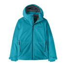 Front view of the mako blue Patagonia Junior Powder Town Jacket featuring a 2-layer H2No Performance Standard shell, 150g body and 100g sleeve Thermogreen 100% recycled polyester insulation, a helmet-compatible three-panel hood with elasticized stay-put gusset, a waterproof full-length center-front zipper with internal storm flap, an integrated powder skirt, zippered handwarmer pockets, a sleeve pass pocket, and Grow-Fit extendable sleeve cuffs.
