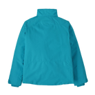 Rear view of the mako blue Patagonia Junior Powder Town Jacket featuring a 2-layer H2No Performance Standard shell, 150g body and 100g sleeve Thermogreen 100% recycled polyester insulation, a helmet-compatible three-panel hood with elasticized stay-put gusset, a waterproof full-length center-front zipper with internal storm flap, an integrated powder skirt, zippered handwarmer pockets, a sleeve pass pocket, and Grow-Fit extendable sleeve cuffs.