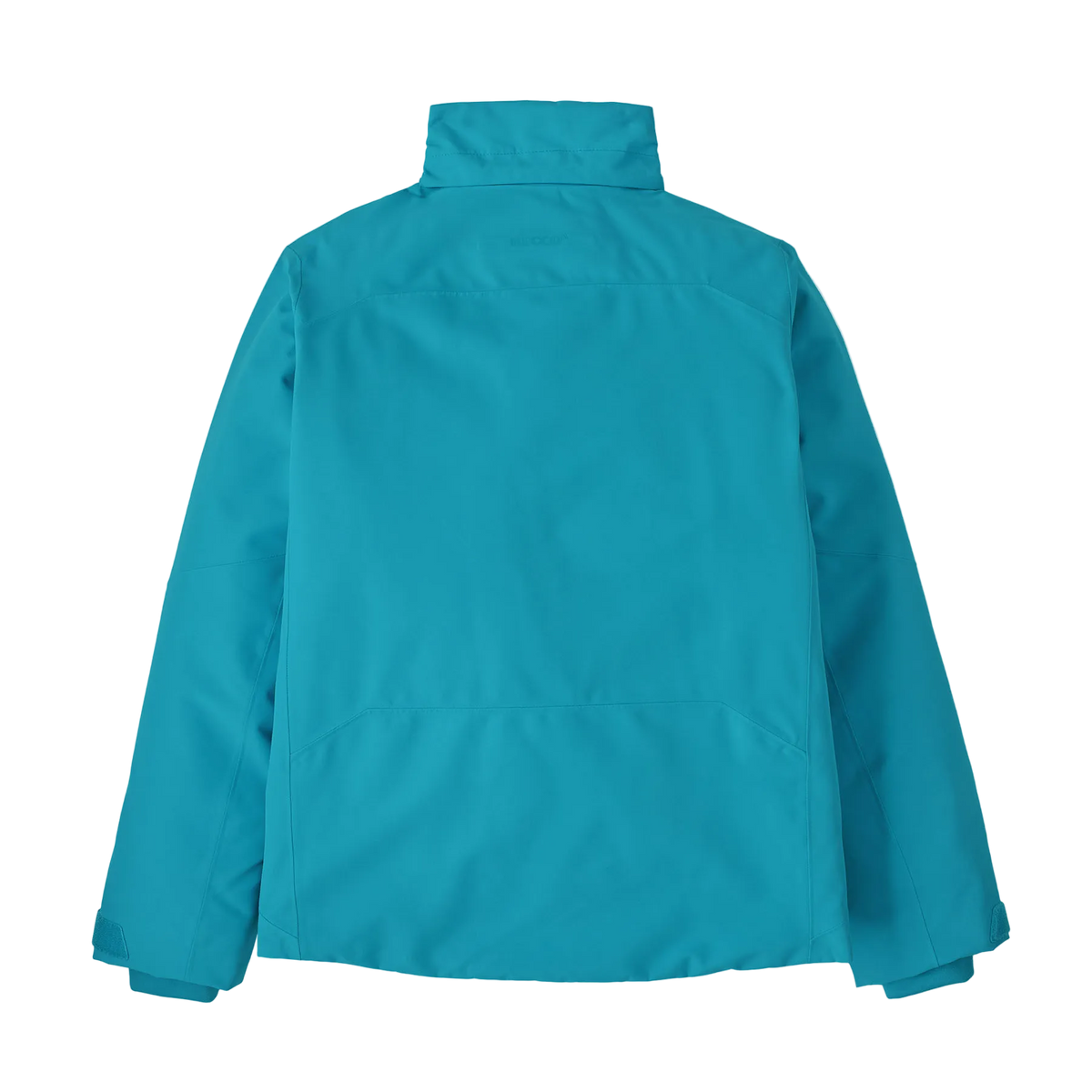 Rear view of the mako blue Patagonia Junior Powder Town Jacket featuring a 2-layer H2No Performance Standard shell, 150g body and 100g sleeve Thermogreen 100% recycled polyester insulation, a helmet-compatible three-panel hood with elasticized stay-put gusset, a waterproof full-length center-front zipper with internal storm flap, an integrated powder skirt, zippered handwarmer pockets, a sleeve pass pocket, and Grow-Fit extendable sleeve cuffs.