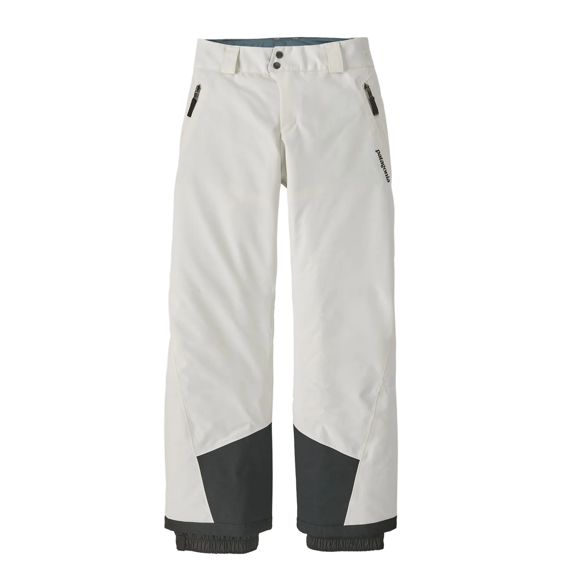 Front view of the birch white Patagonia Junior Powder Town Pants featuring a 2-layer H2No Performance Standard shell, 80g Thermogreen 100% recycled polyester insulation, an internal adjustable waistband with double-snap closure and zip fly, articulated knees, heavy-duty ankle scuff guards, internal boot gaiters with gripper elastic, and Grow-Fit extendable leg cuffs.